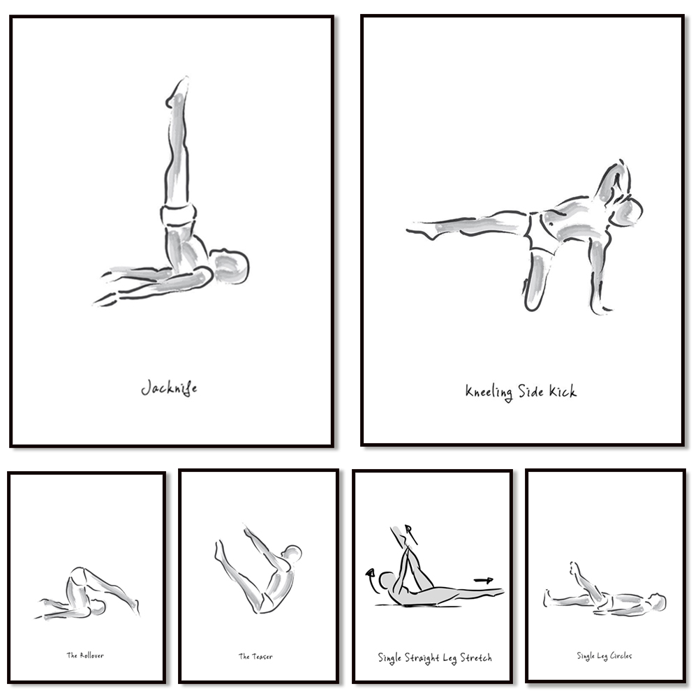 Pilates Yoga Gifts - Черно-белые инфографики по упражнениям пилатеса, постер